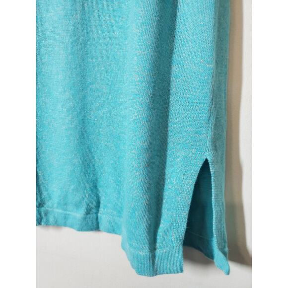 J Jill Sweater Womens Medium LINEN Tunic Aqua Blue Relaxed Fit V-neck Side Slits - Picture 2 of 9